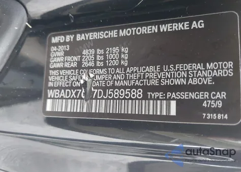 2013 BMW 335 I z USA, uszkodzony, nr VIN WBADX7C57DJ589588